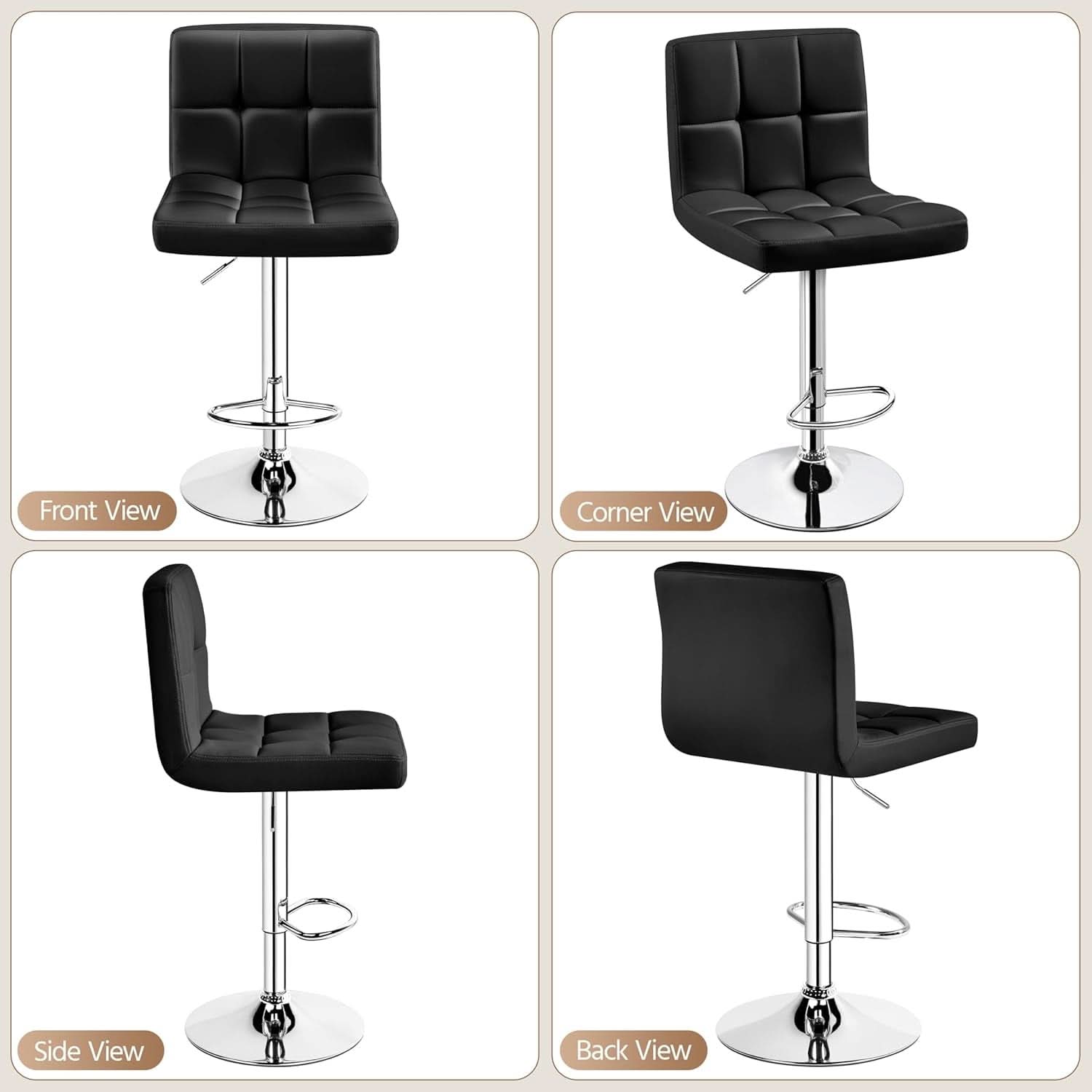 Set Of 2 Adjustable Black PU Leather Swivel Bar Stools