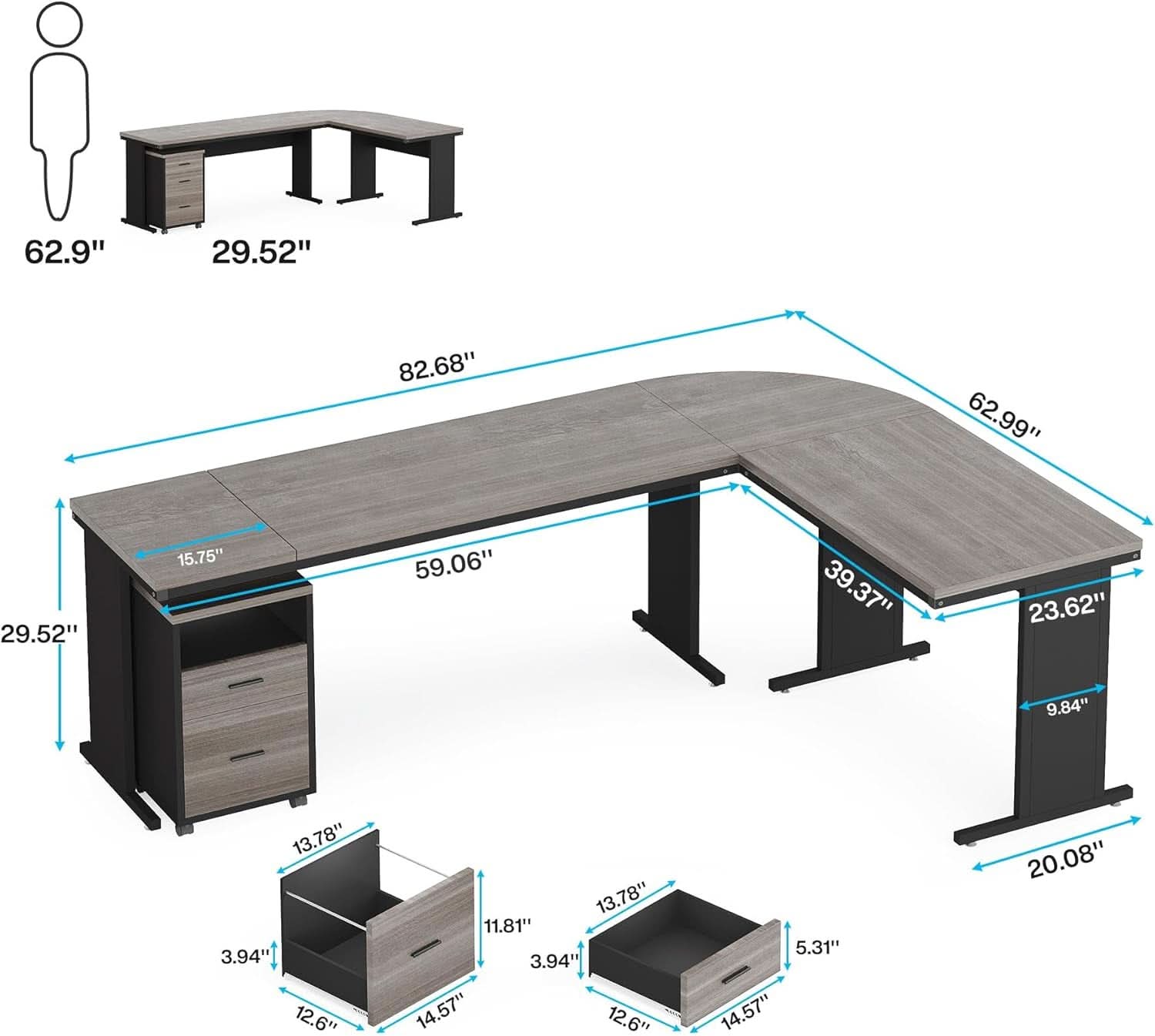 83 Inch L Shaped Desk With Gray Three Drawer File Cabinet
