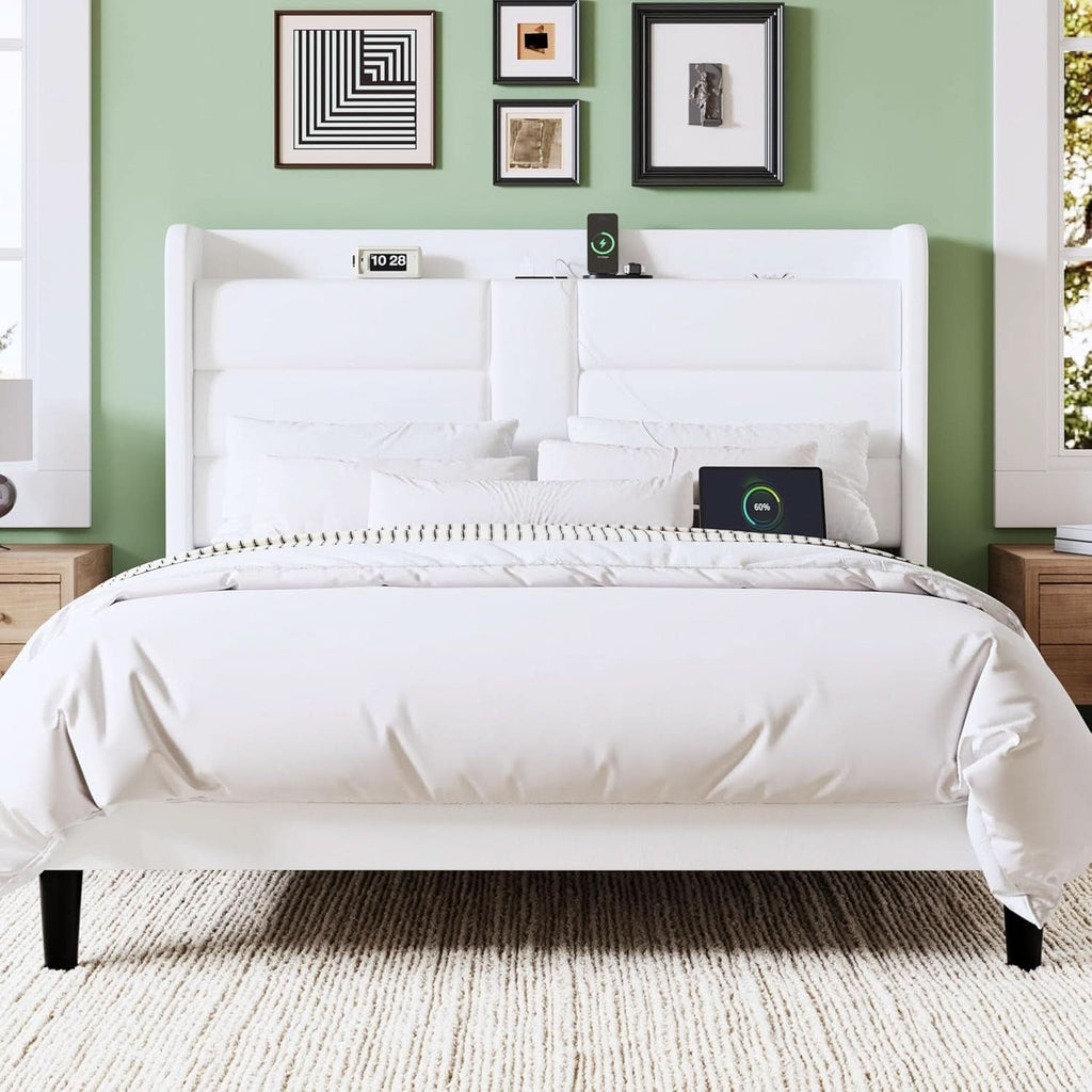 Full Size Platform Bed Frame With USB Charging Station And Storage Headboard