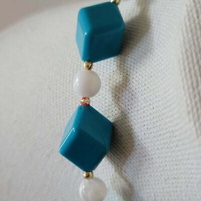 Vintage Blue Cube and White Bead Necklace Retro Chunky Geometric Beaded Jewelry