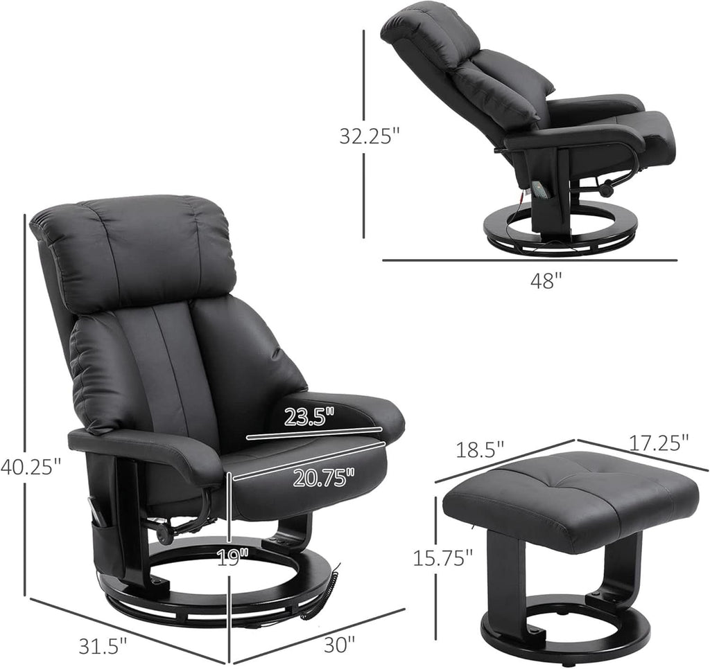 Massage Recliner Chair With Ottoman 360 Degree Swivel Black PU Leather