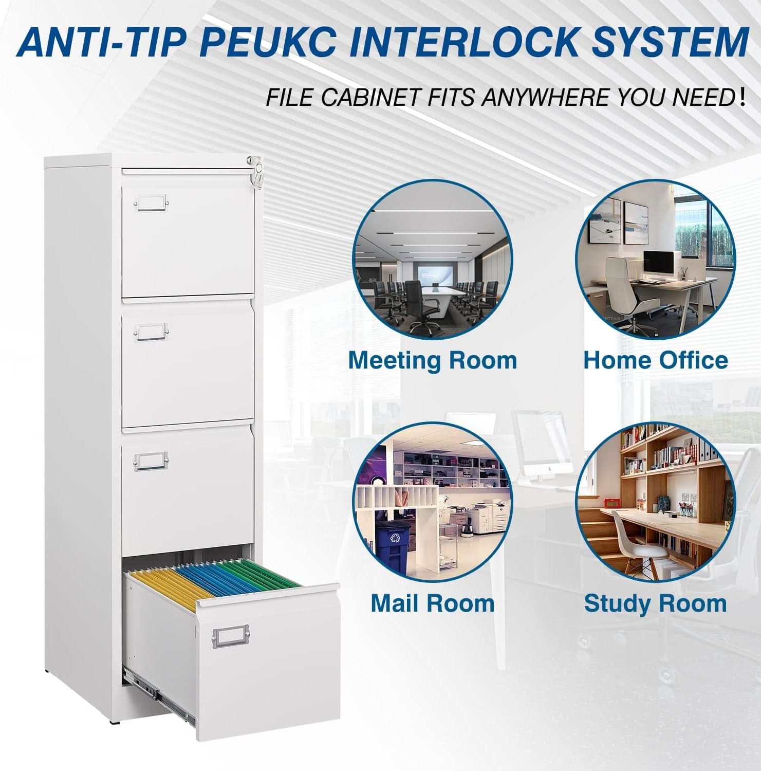White 4 Drawer File Cabinet With Lock 16 Inch Deep