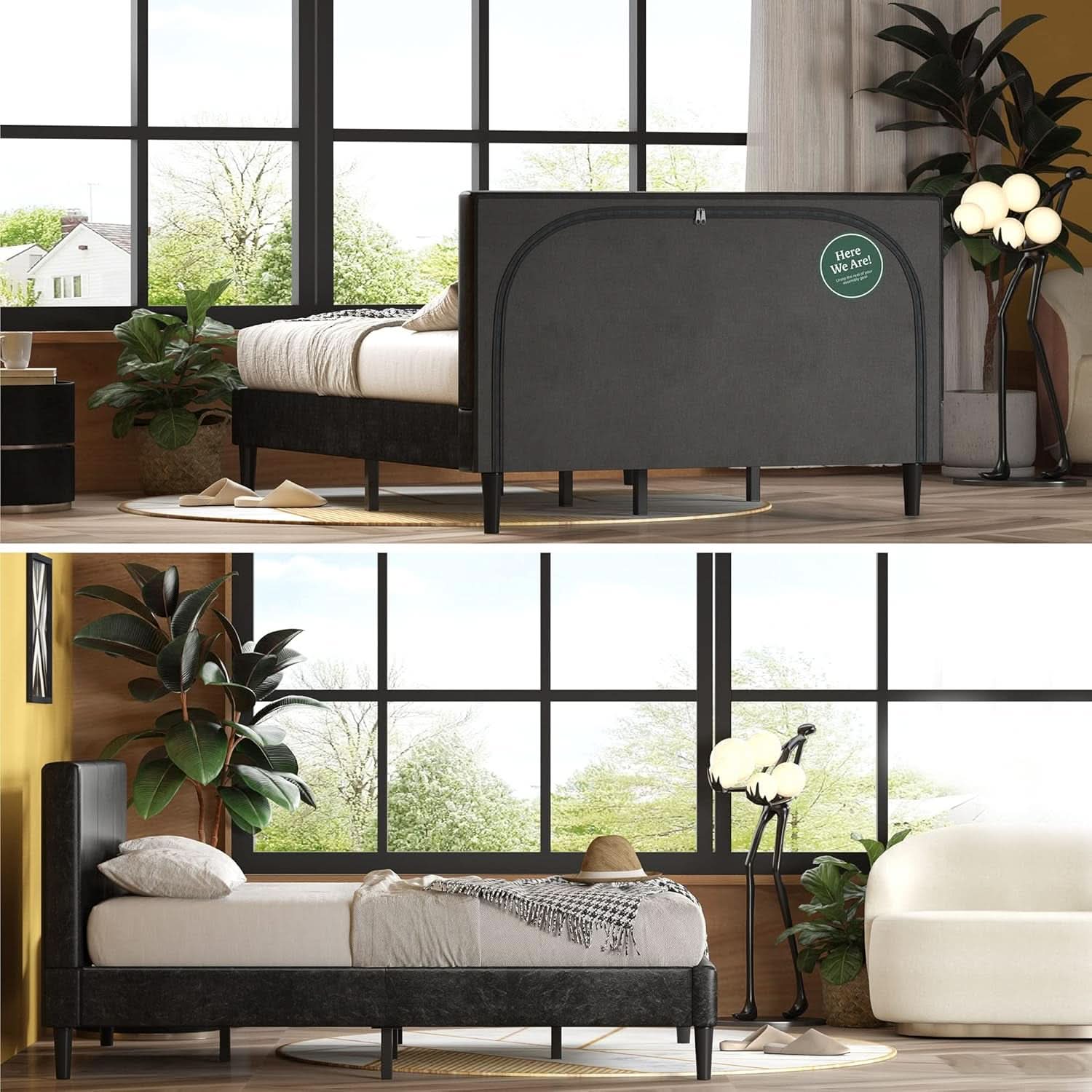 Queen Faux Leather Platform Bed Frame With Wood Slats