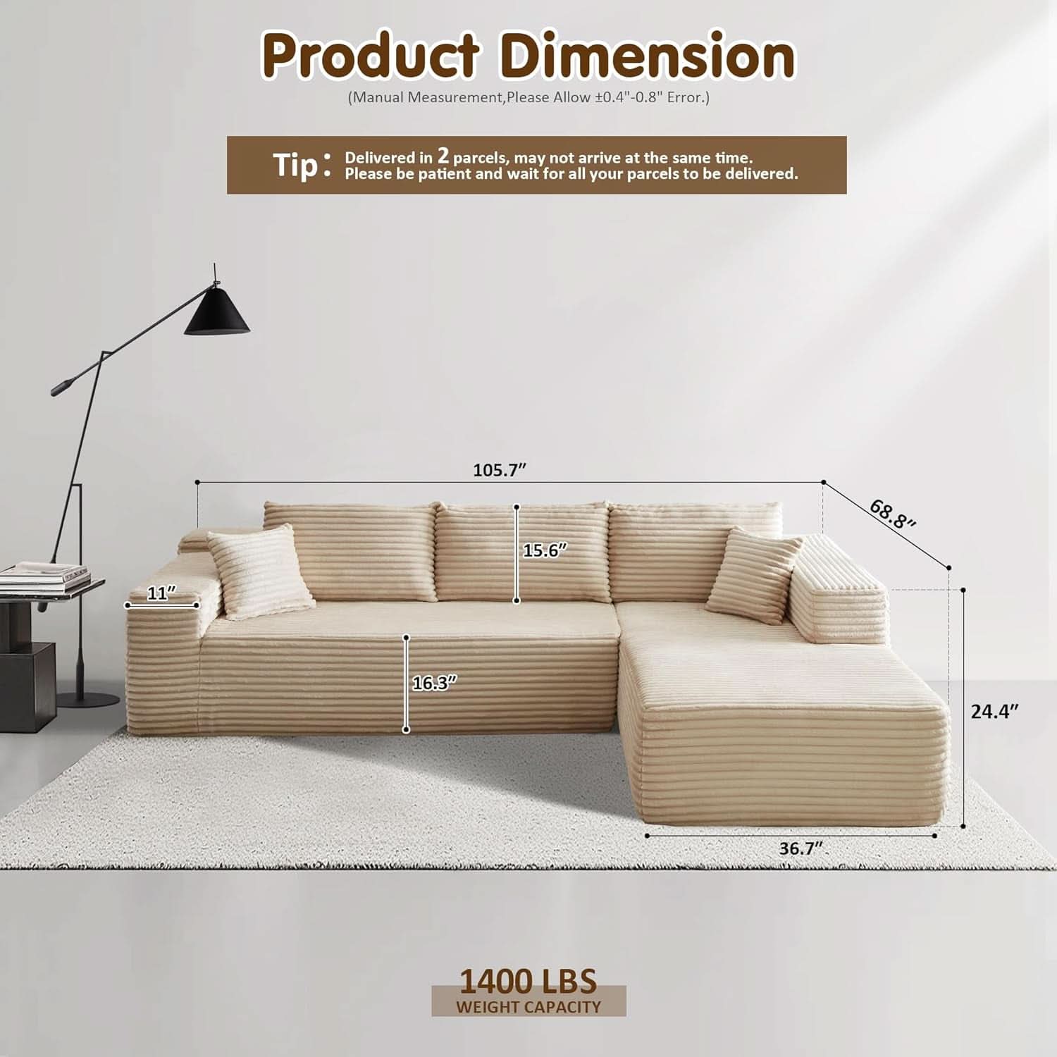 104 Inch Cloud Sectional Sofa Beige No Assembly Required Modern Upholstered Deep Seat Living Room