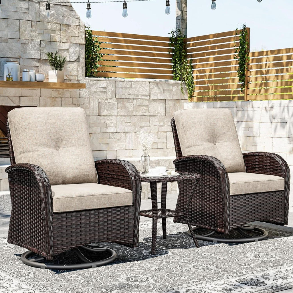 Outdoor Swivel Rocker Chairs 3 Piece Wicker Set Cushioned