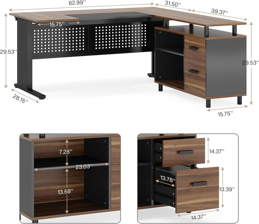 63 Inch L Shaped Desk With File Cabinet For Home Office