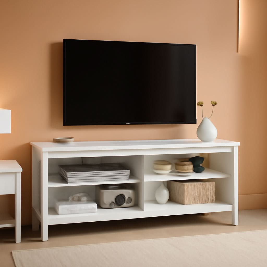 White Four Cubby TV Stand For 60 Inch TV With Open Storage