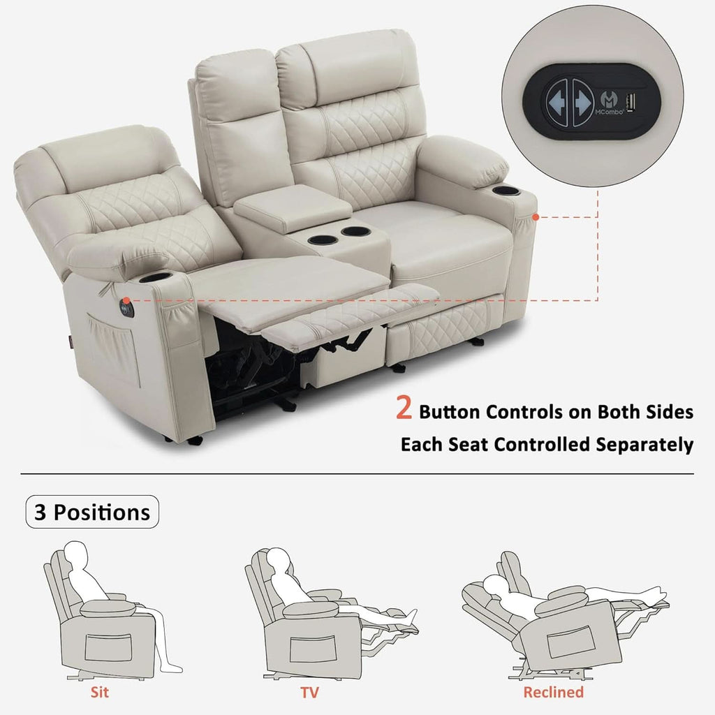 Power Recliner Loveseat With Console And Heat Vibration USB Light Grey