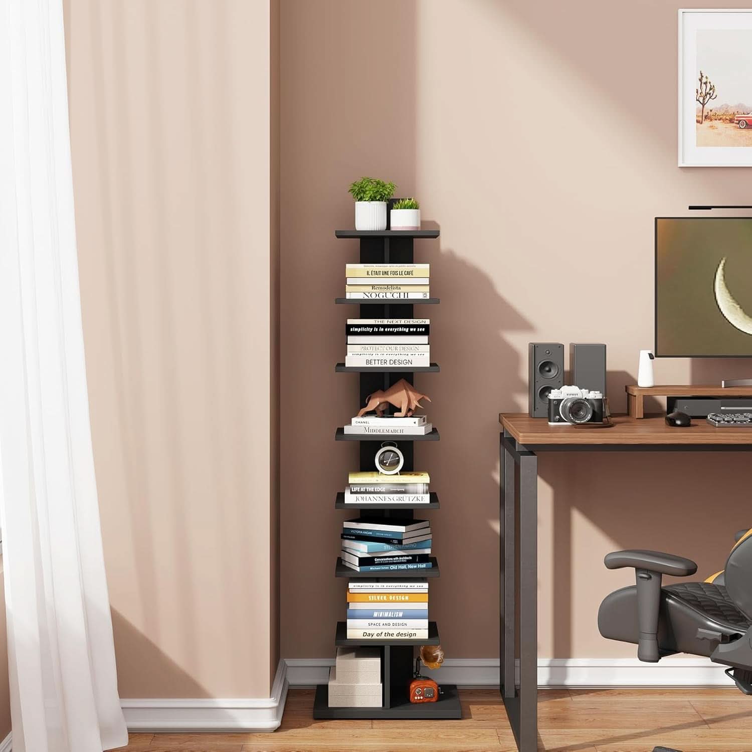 Vertical 8 Tier Bookshelf Black For Small Spaces Bookcase