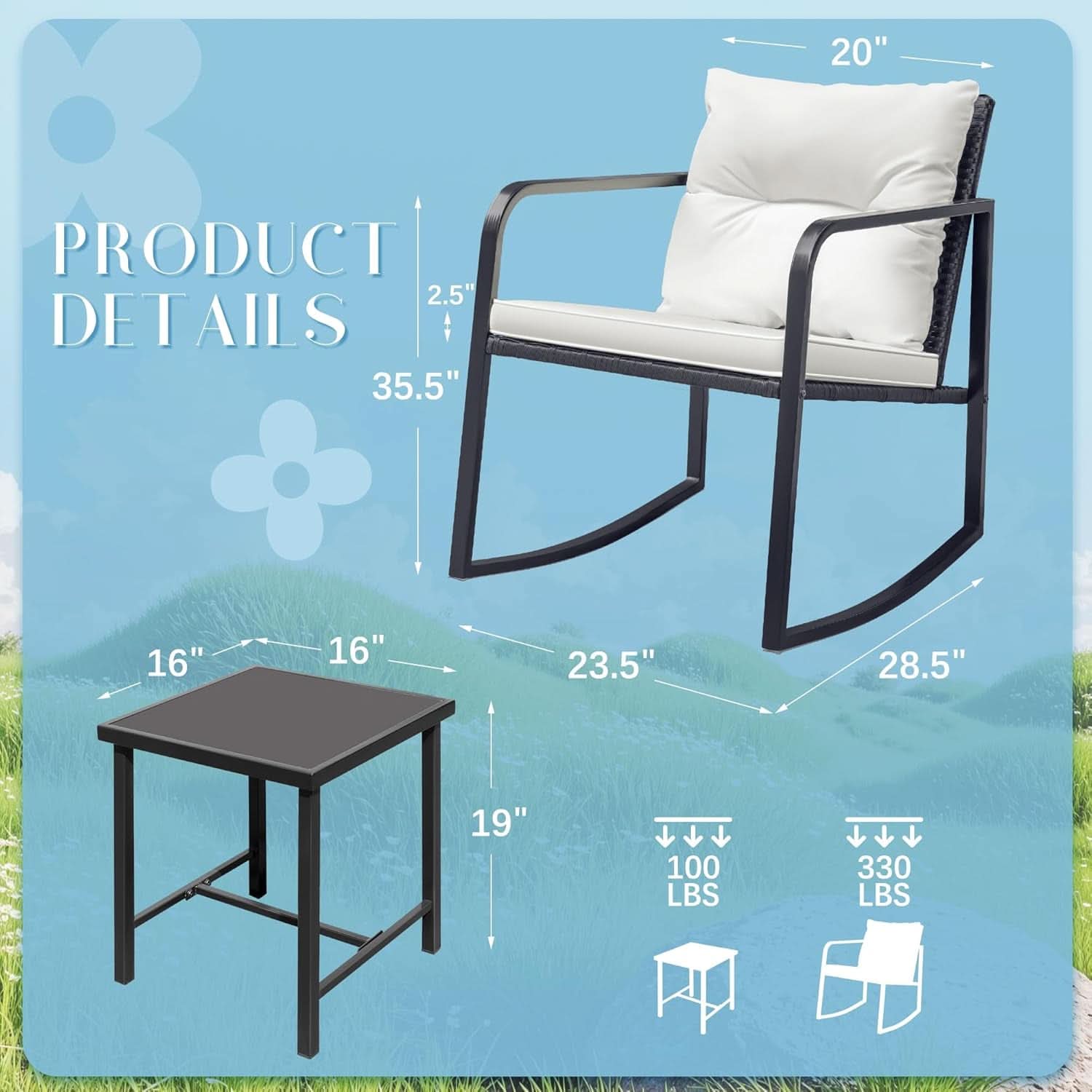 Patio Set 3 Piece White Wicker Rocking With Coffee Table