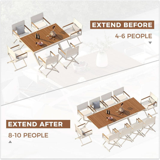 11 Piece Outdoor Dining Set Apricot Sling Mesh Chairs With Wood Grain Expandable Table For 6 To 8