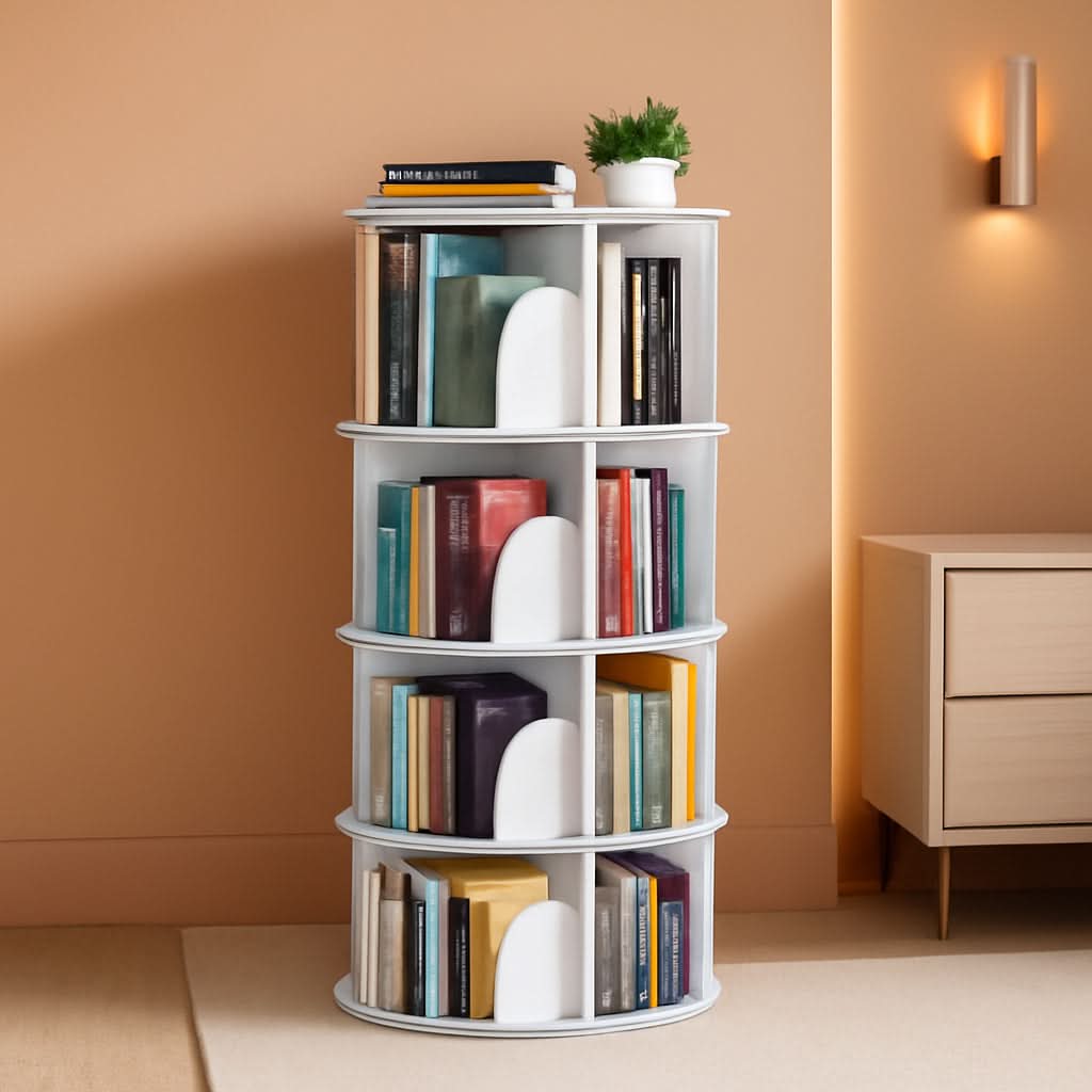 4 Tier Rotating Bookshelf Tower White Spinning Bookcase