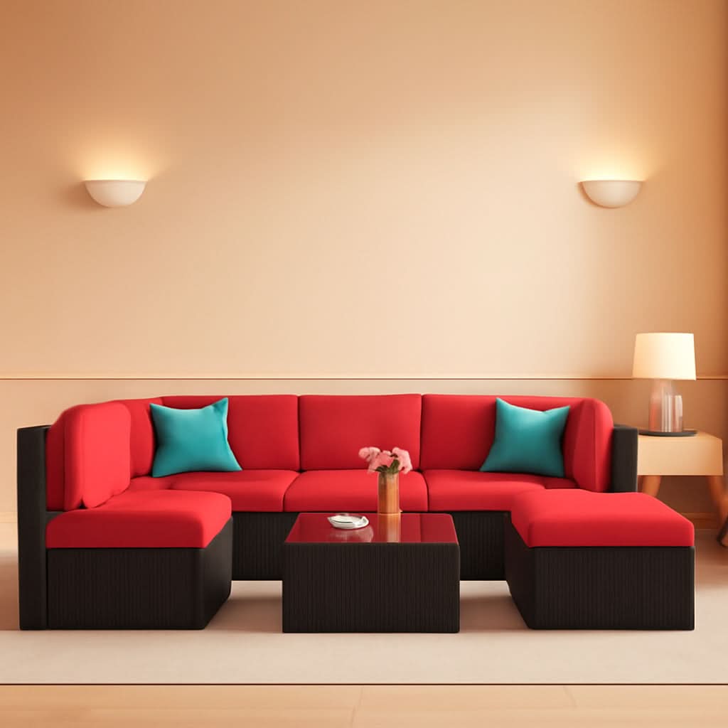6 Piece All Weather Red Cushions Outdoor Patio Wicker Sofa Set