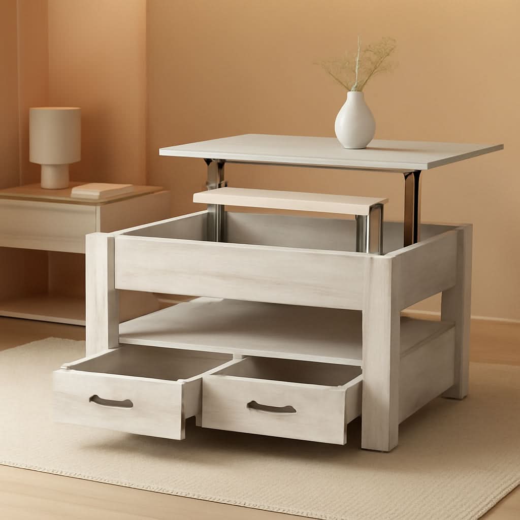Grey Lift Top Coffee Table With Drawers Hidden Compartment