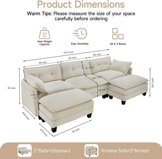 Comfy Modular Sectional Sofa With Movable Ottomans