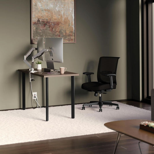 Compact Walnut Computer Desk with Black Base for Small Spaces