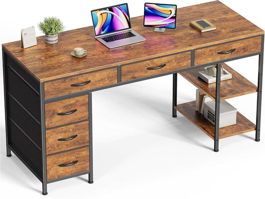54 Inch Corner Computer Desk With 6 Drawers And Shelves Rustic Brown