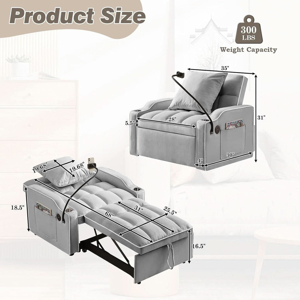 Convertible Sleeper Chair Bed with USB Ports and Holder