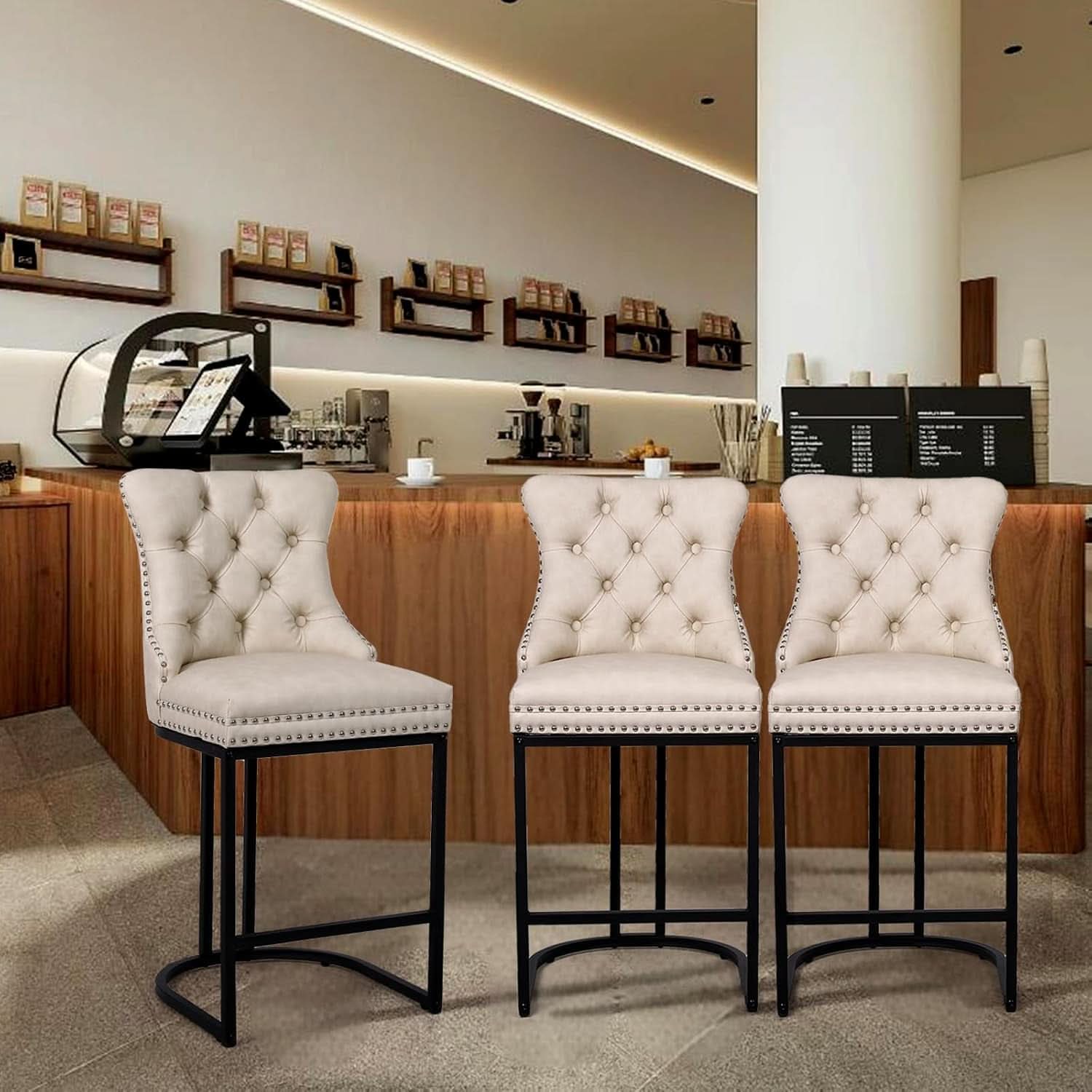 24 Inch Counter Height Bar Stools Beige With Back Faux Leather