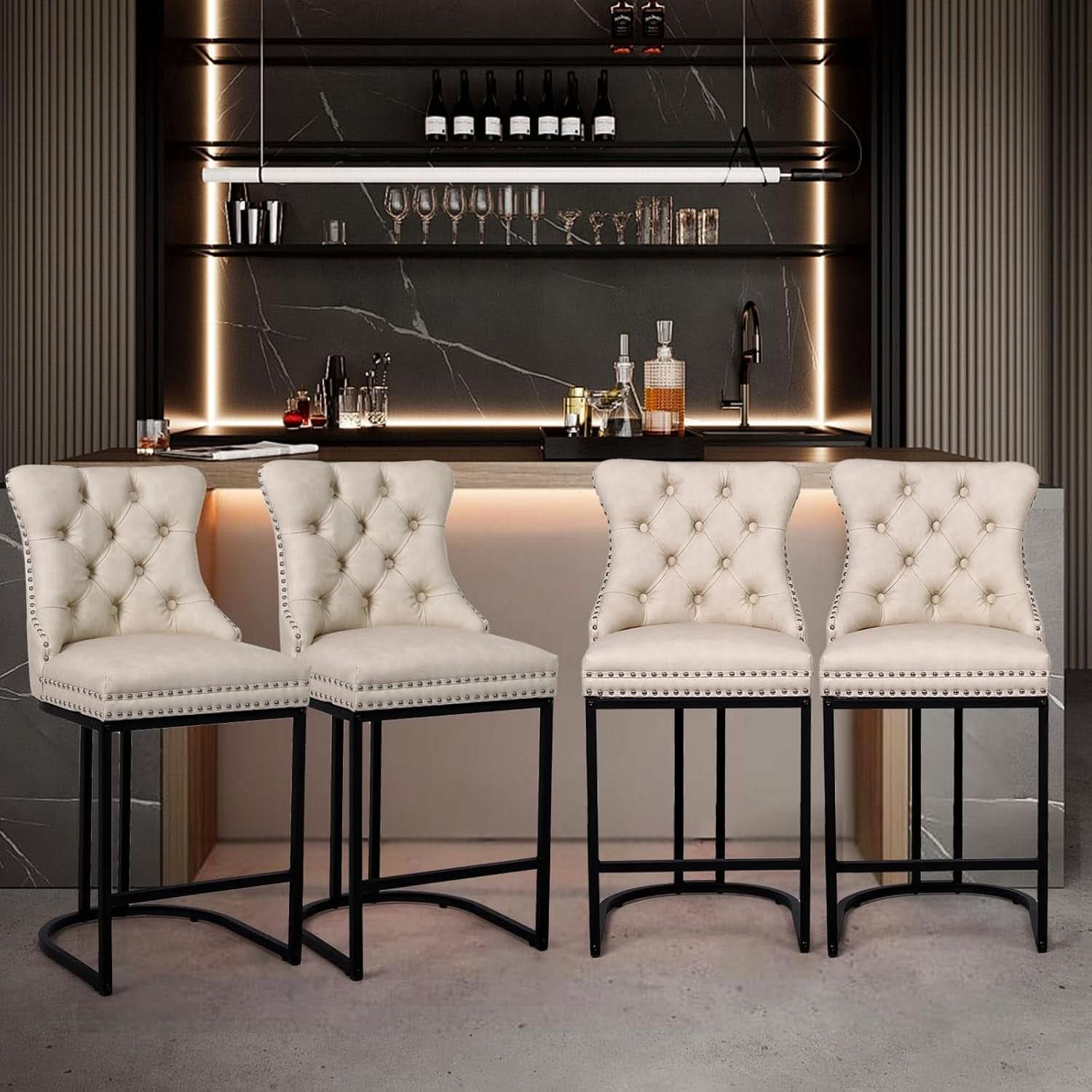 24 Inch Counter Height Bar Stools Beige With Back Faux Leather