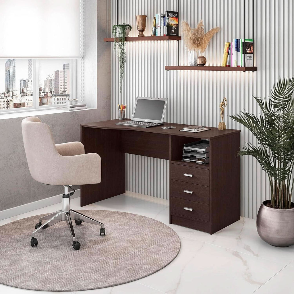 Wenge Computer Desk With 3 Drawers And Side Storage Shelf