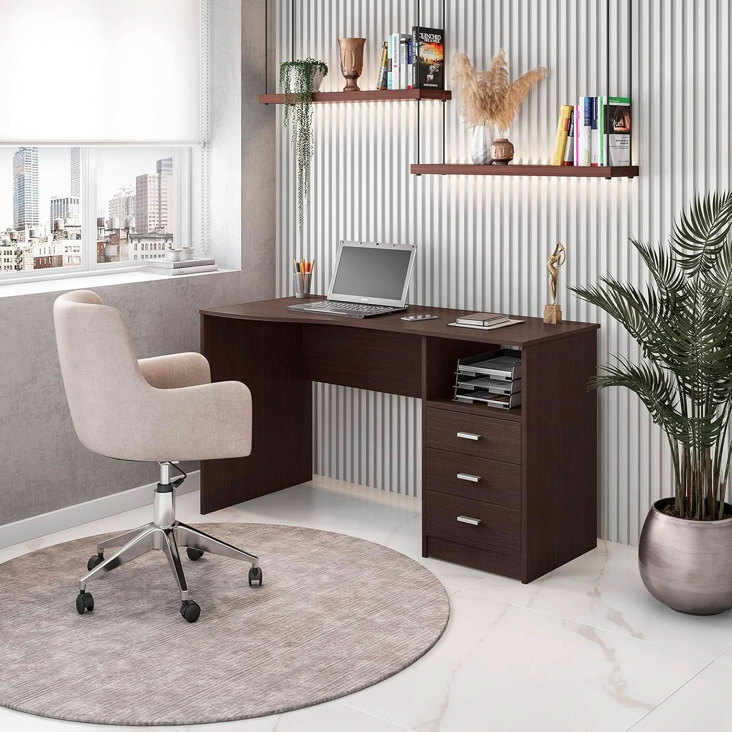 Wenge Computer Desk With 3 Drawers And Side Storage Shelf
