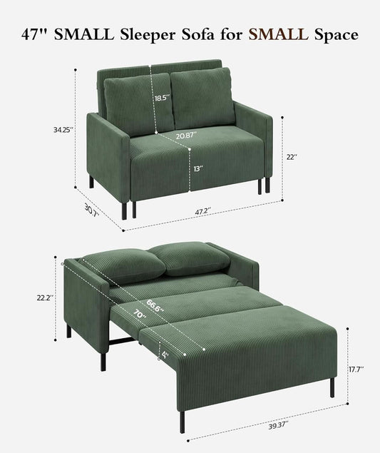Forest Green Corduroy Convertible Sofa 47Inch Sleeper
