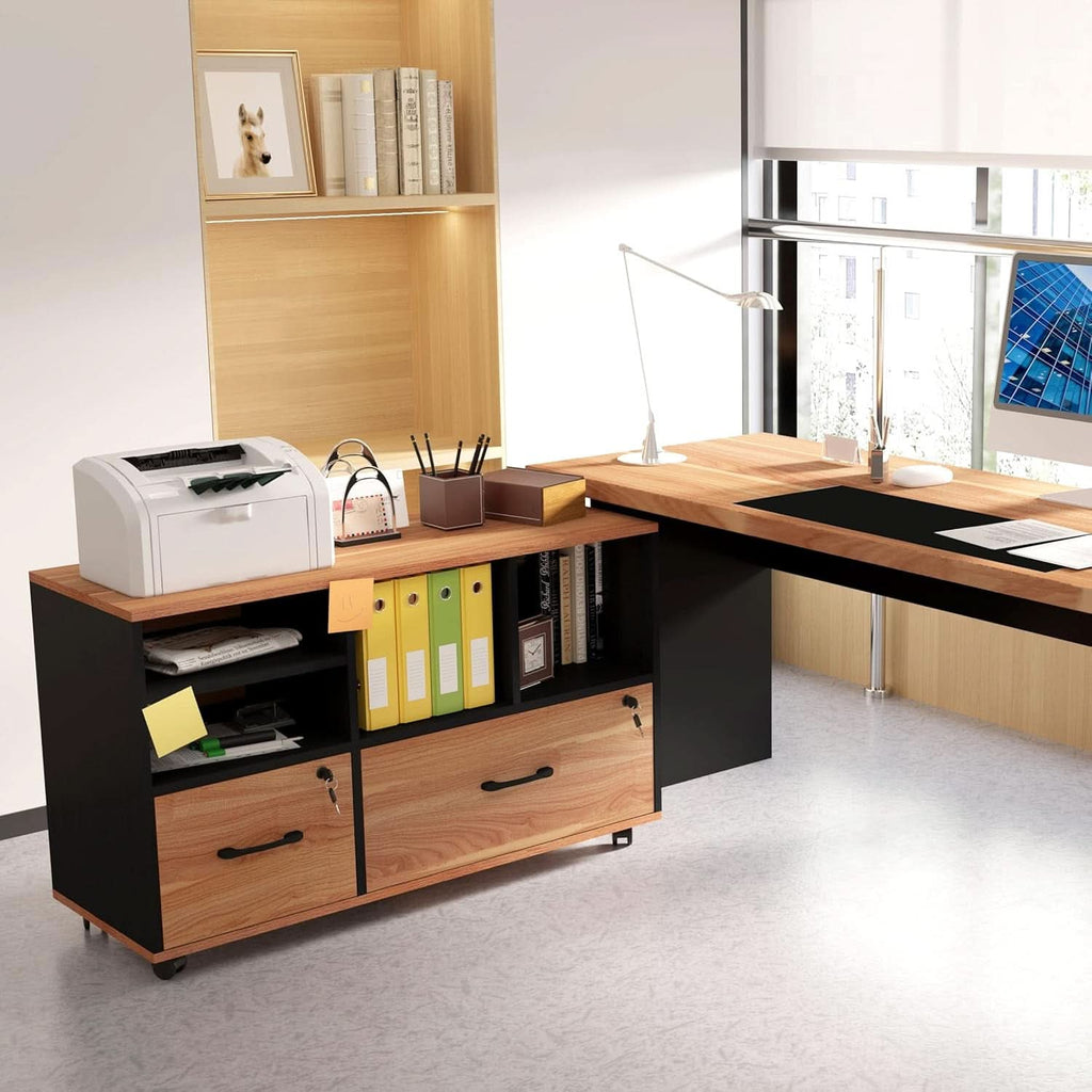 Wooden 2 Drawer File Cabinet Lockable Rolling with Adjustable Shelves Rustic Brown and Black