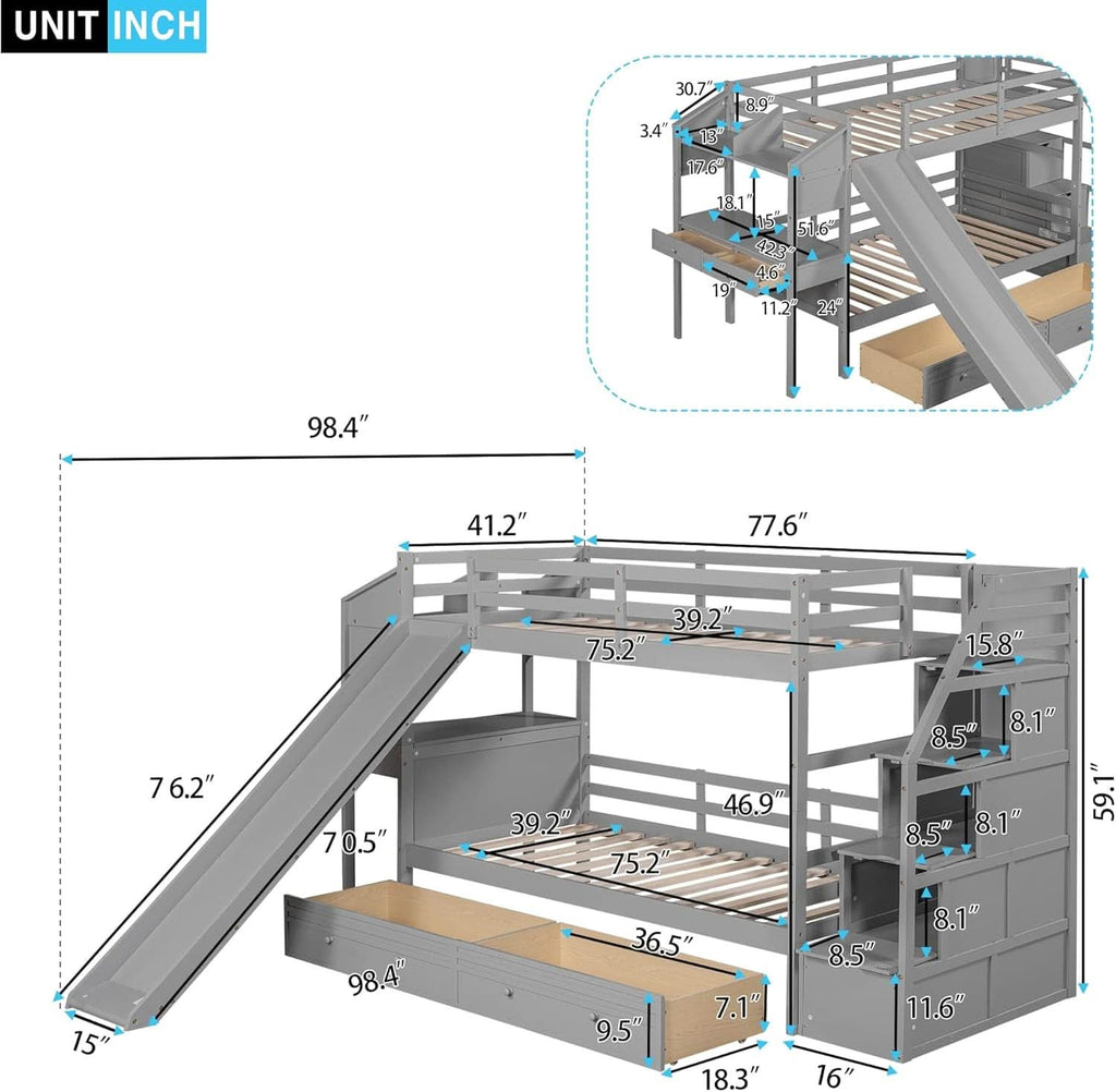 Twin Over Twin Bunk Bed Gray With Stairs For Kids Teens