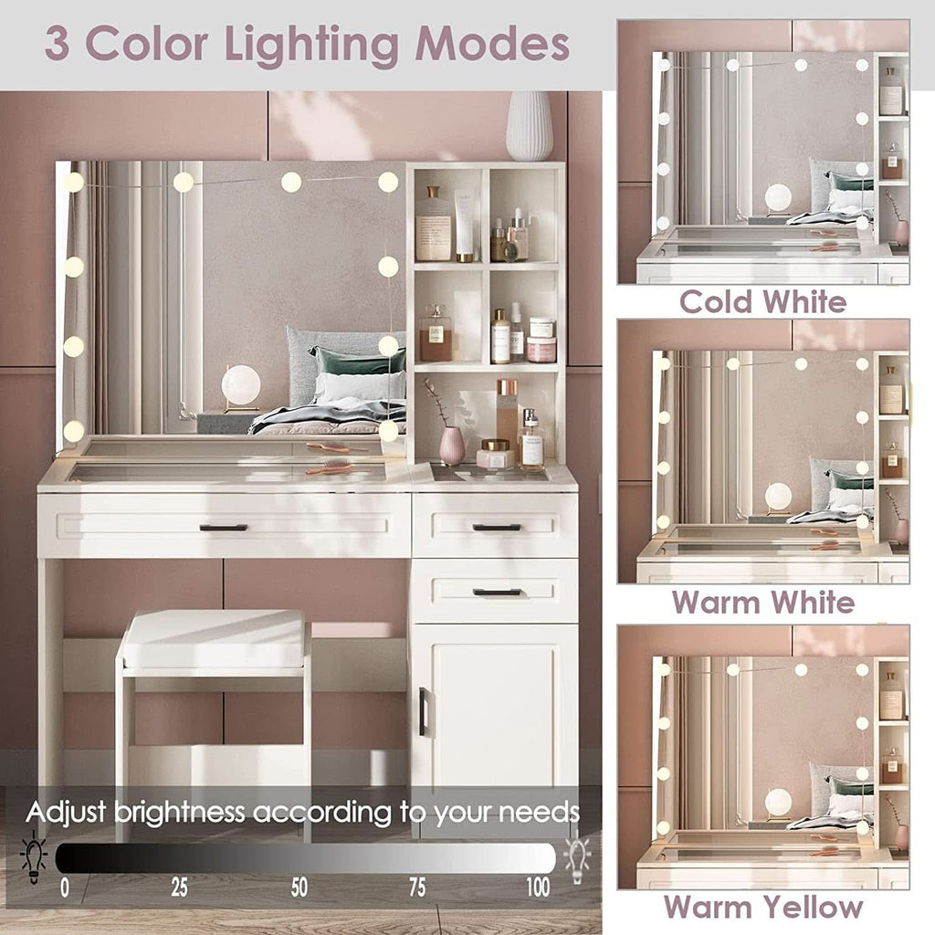 White Vanity Table Set With Glass Top Hollywood Mirror
