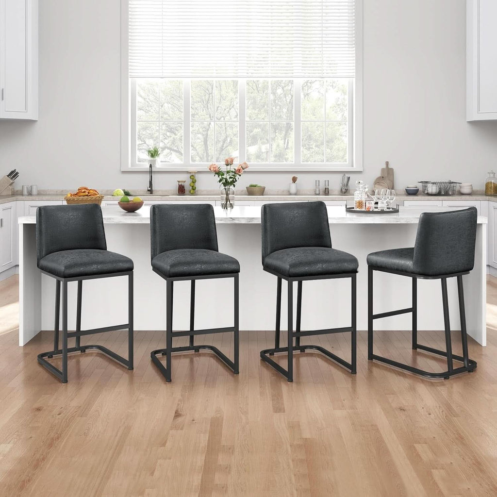 24 Inch Dark Gray Leather Counter Height Bar Stools Set 2