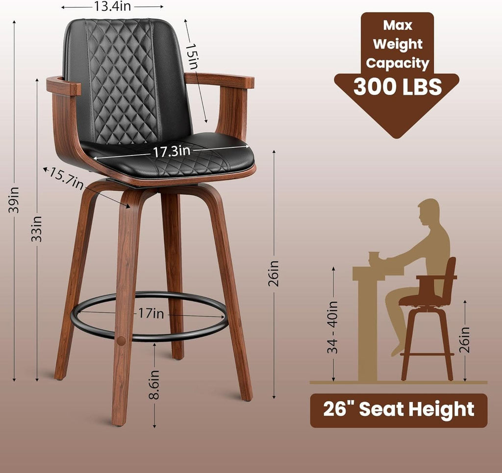 Set Of 3 26 Inch Bar Stools Black PU Leather Upholstery