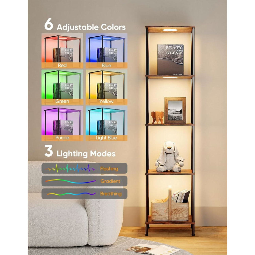 Display Shelf With RGBW Light Floor Lamp 5 Tier Brown
