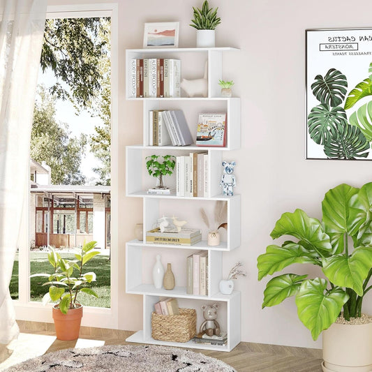 S Shaped Bookshelf White 6 Tier Display Bookcase Office