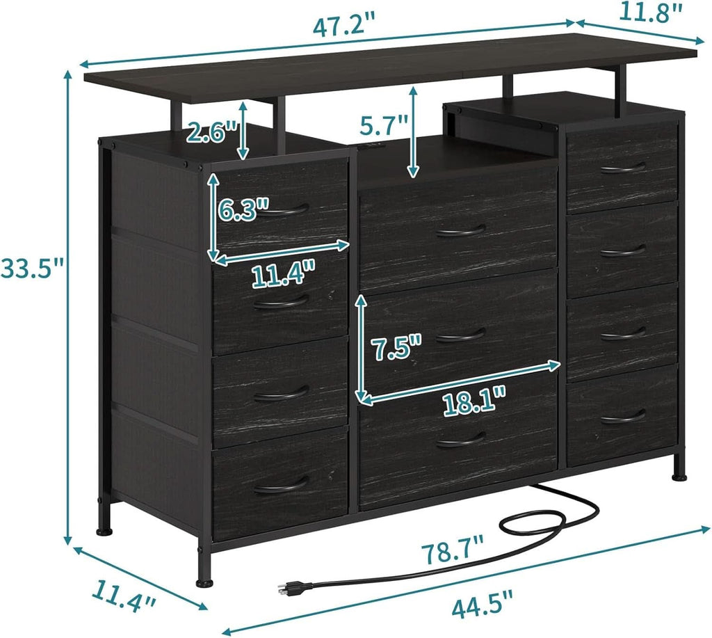 11 Drawer Dresser With Fabric Drawers, Charging Station, LED Lights And Shelves, Black Wood Veins