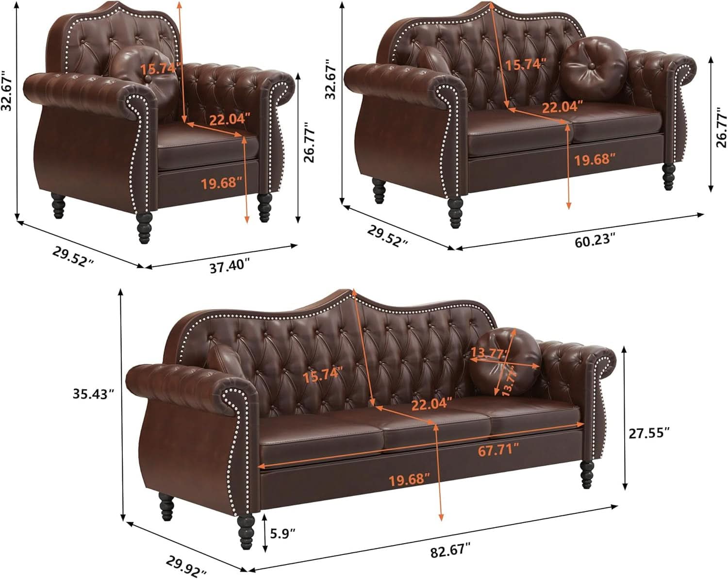 2 Piece Living Room Set Mid-Century Modern Chesterfield Chair Loveseat in Brown PU Leather Edition