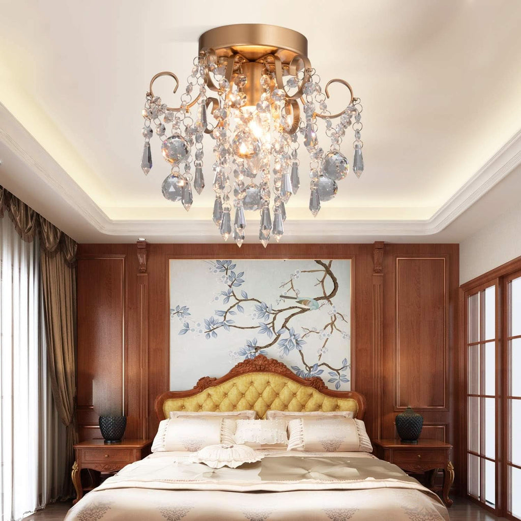 Mini Crystal Chandelier Flush Mount Gold Ceiling Light