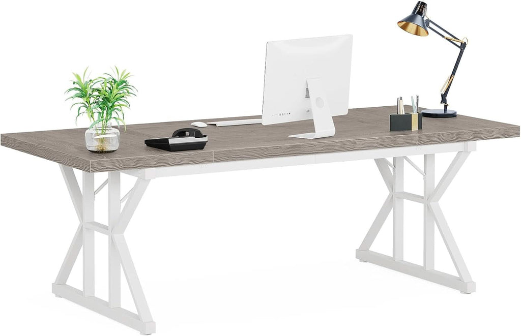 70.8 Inch Grey White Executive Desk Large Home Office