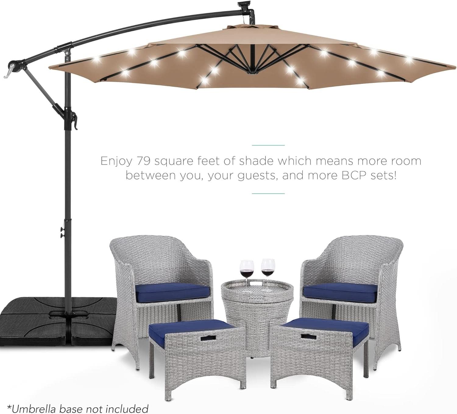 10 Foot Solar LED Offset Patio Umbrella With Easy Tilt Adjustment In Tan For Backyard Use