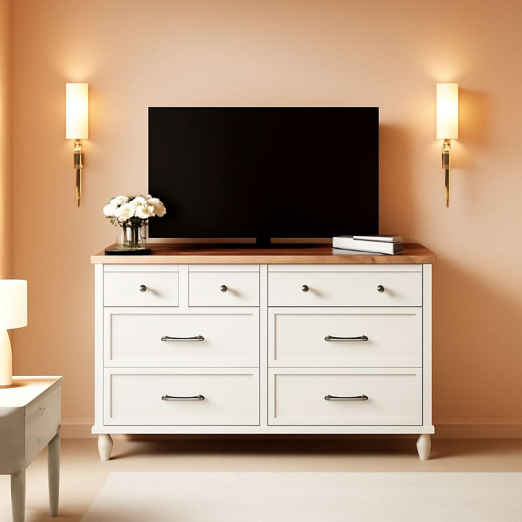 2 In 1 Mid Century Modern White Dresser TV Stand For 85 Inch TV With 12-Drawer Dresser Unit