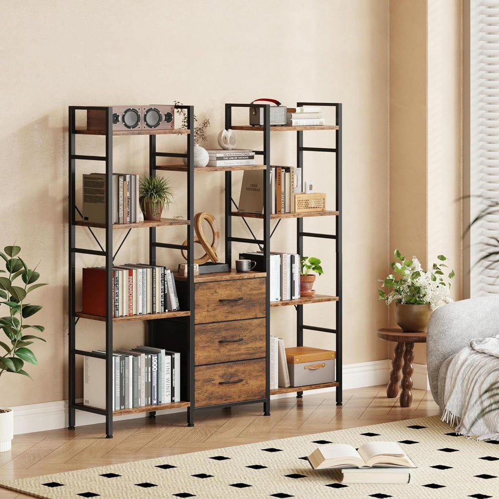 Rustic Brown Triple Bookshelf With Drawers 47 Inch Wide