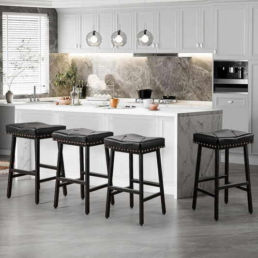 25 Inch Counter Height Bar Stools Set Of 2 In Black With PU Upholstered Saddle Seats For Comfort
