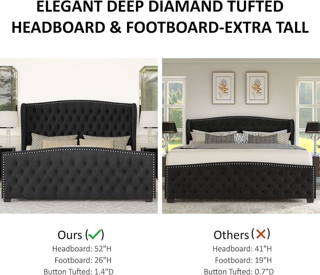 Queen Size Platform Bed Frame With Nailhead Trim Deluxe