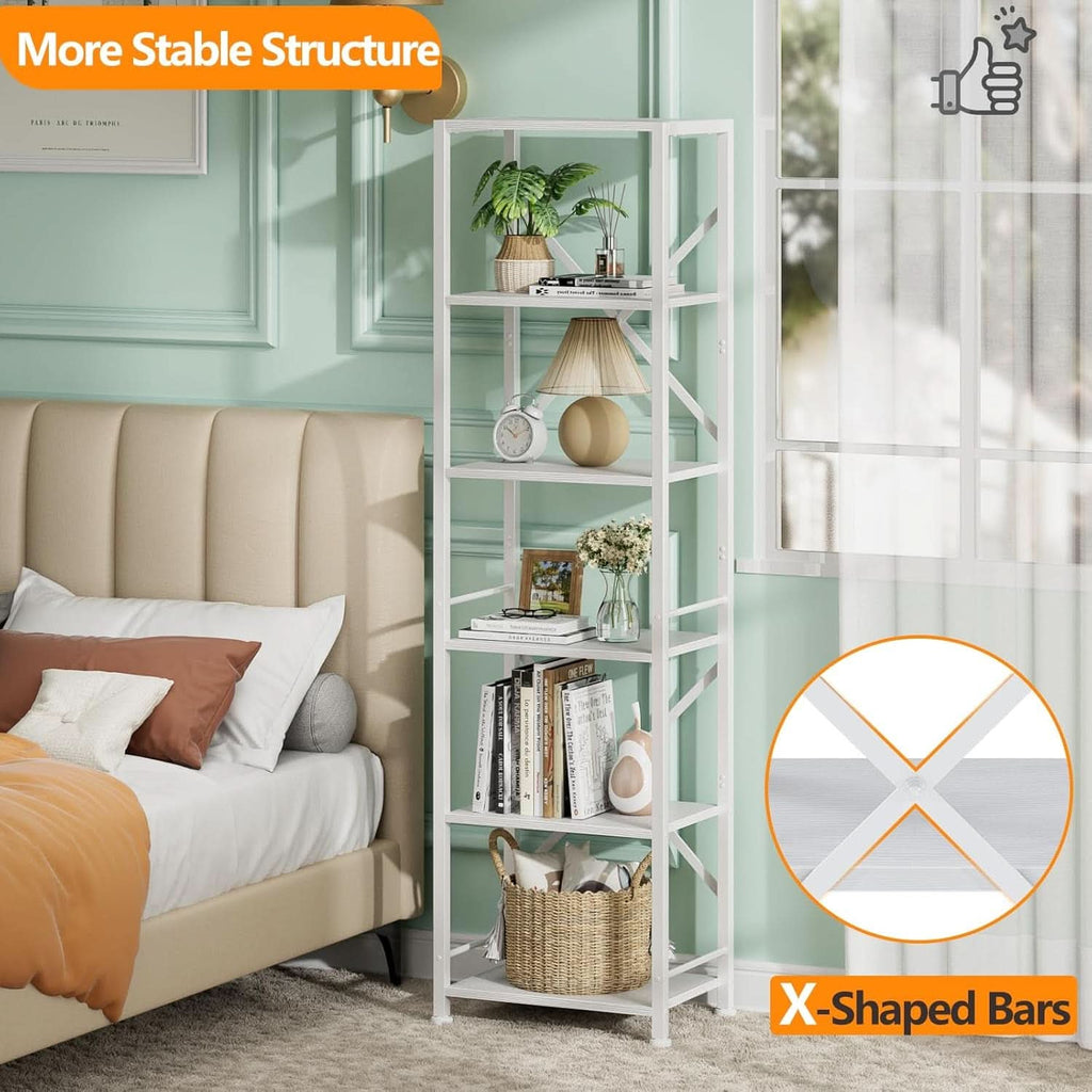 White Tall Bookshelf 6 Shelf Freestanding Bookcase