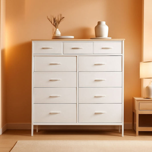 Compact 12 Drawer Dresser With Fabric Drawers And Wood Top
