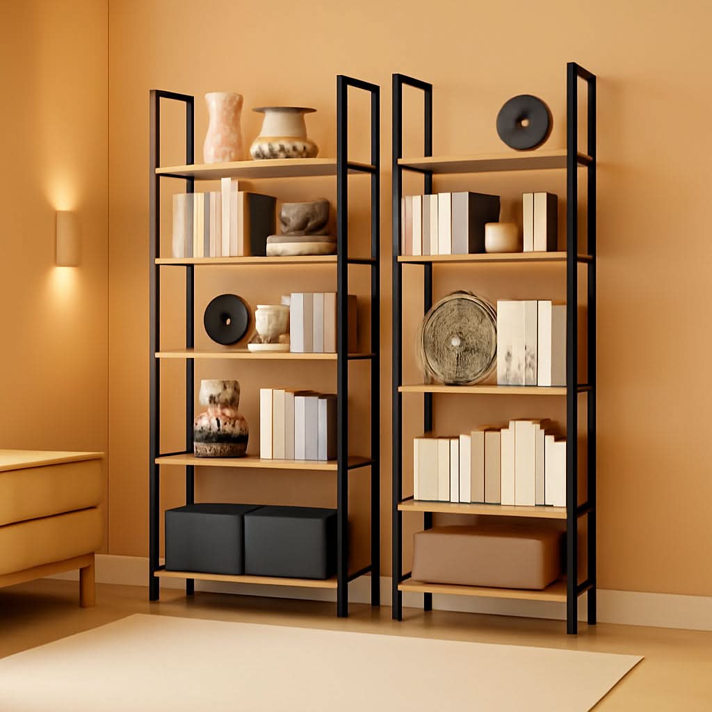 Triple Wide Five Tier Bookshelf Rustic Brown Finish