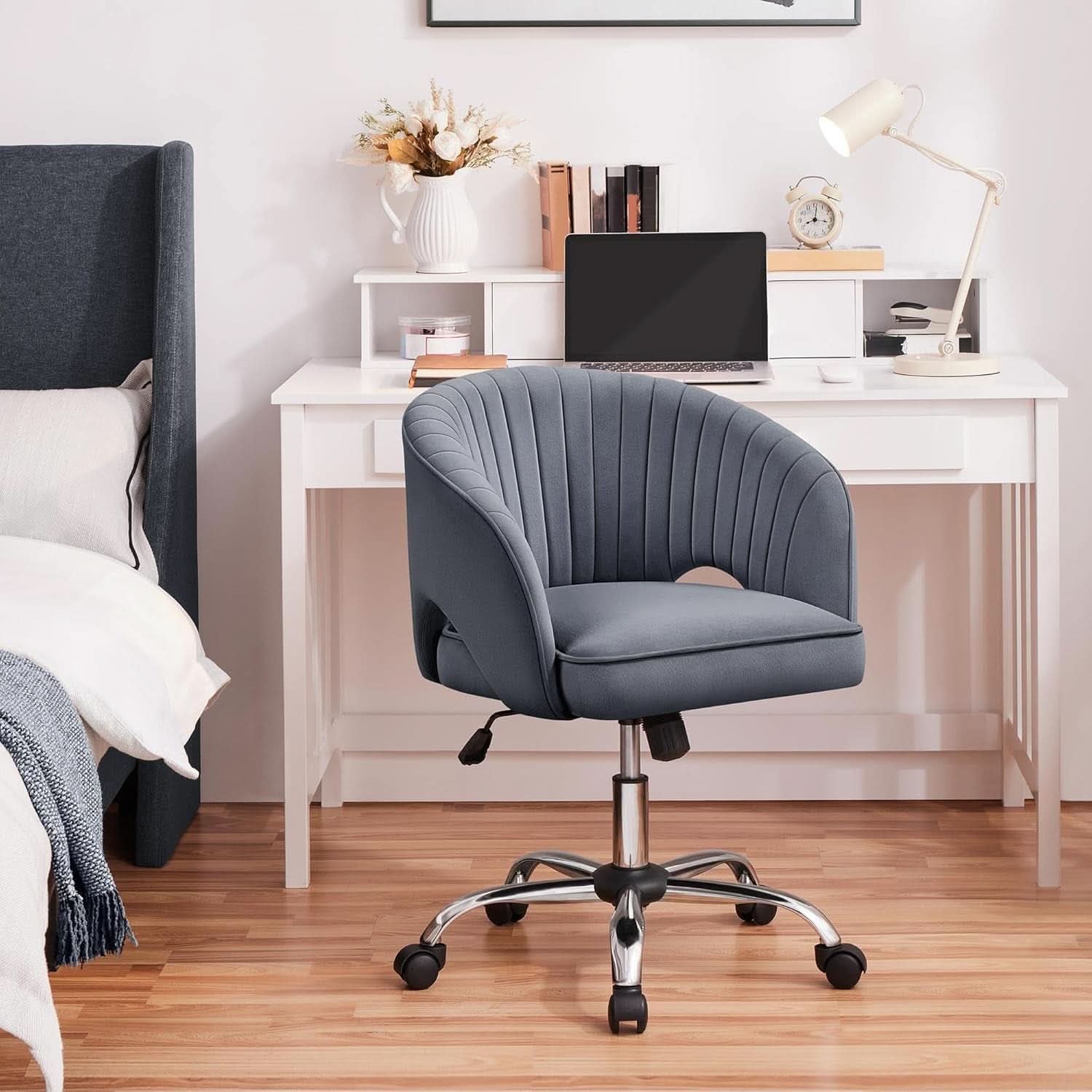 Dark Gray Velvet Swivel Office Chair Tufted Barrel Back