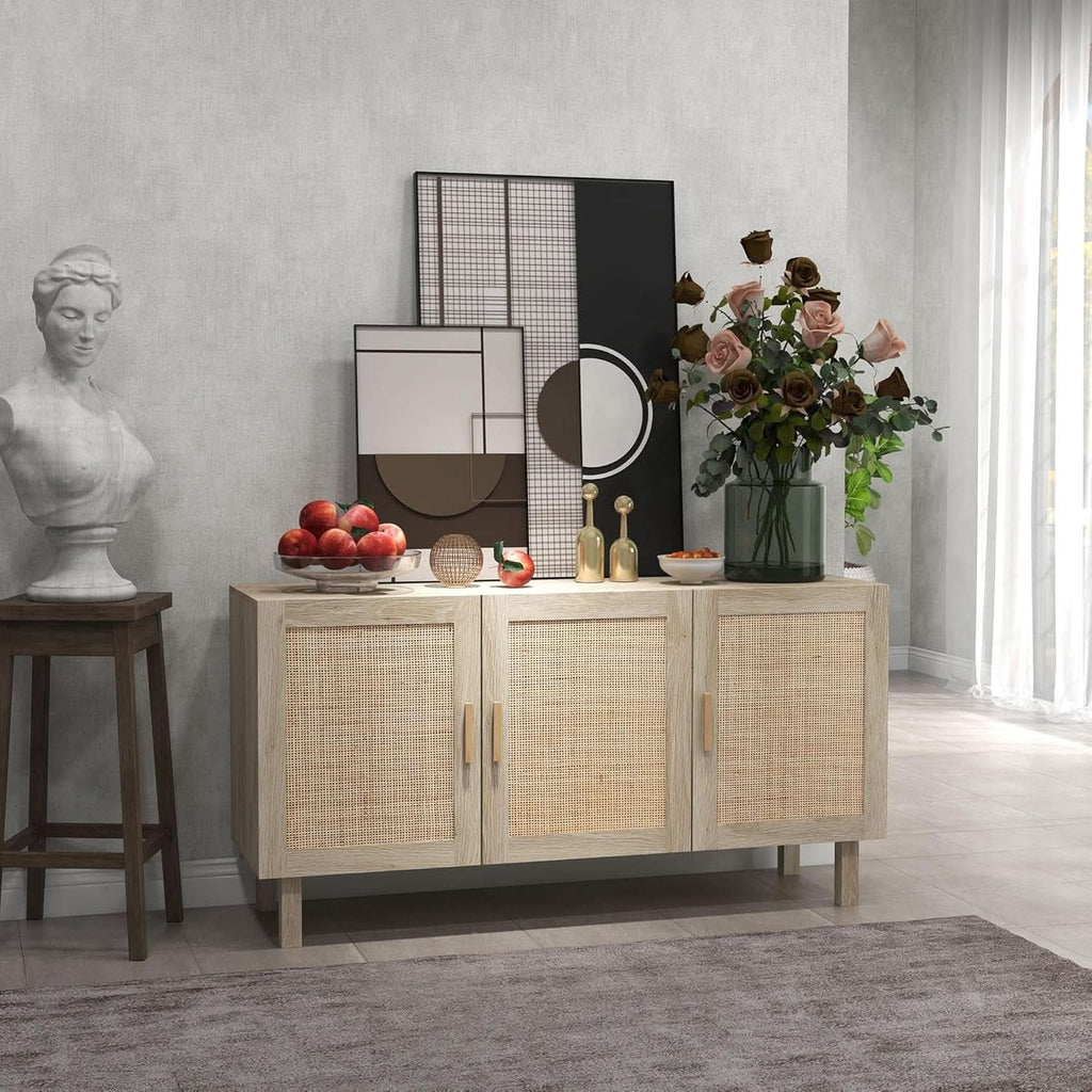 Sideboard Cabinet With Rattan Doors And Adjustable Shelves
