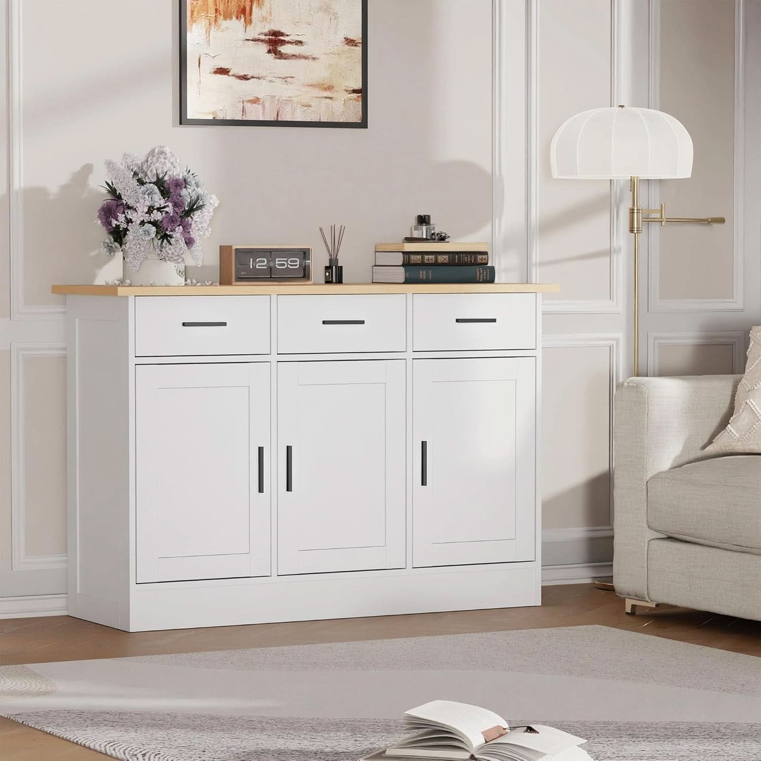 White Buffet Cabinet 47W Oak Top With 3 Doors And 3 Drawers