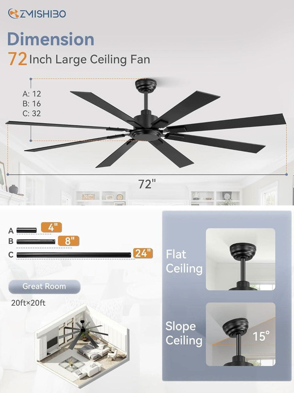 72 Inch Black Ceiling Fan With Remote 8 Blades DC Motor